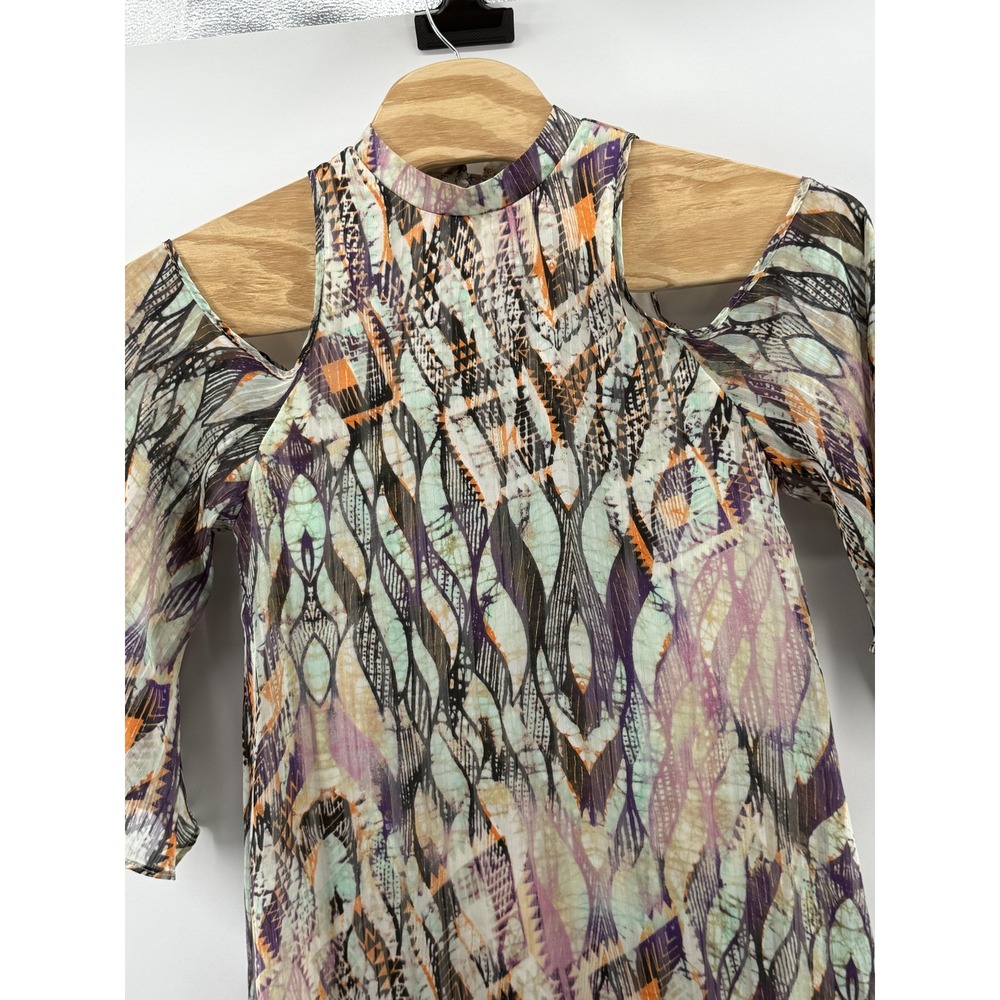 Everly Dress Medium Multicolor Abstract Print Cold Shoulder Sheer Flare Art Boho